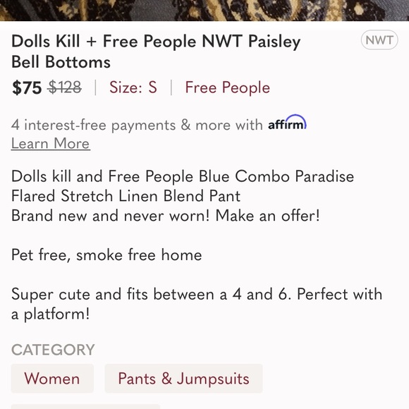 New: Free People + Dolls Kill Paisley Pants. Size Medium - Picture 16 of 16